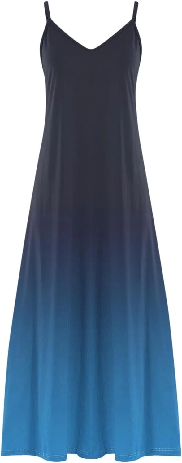 Summer Dresses for Women Sexy Sling V-Neck Sundress Trendy Gradient Color Beach Vacation Casual Maxi Dress