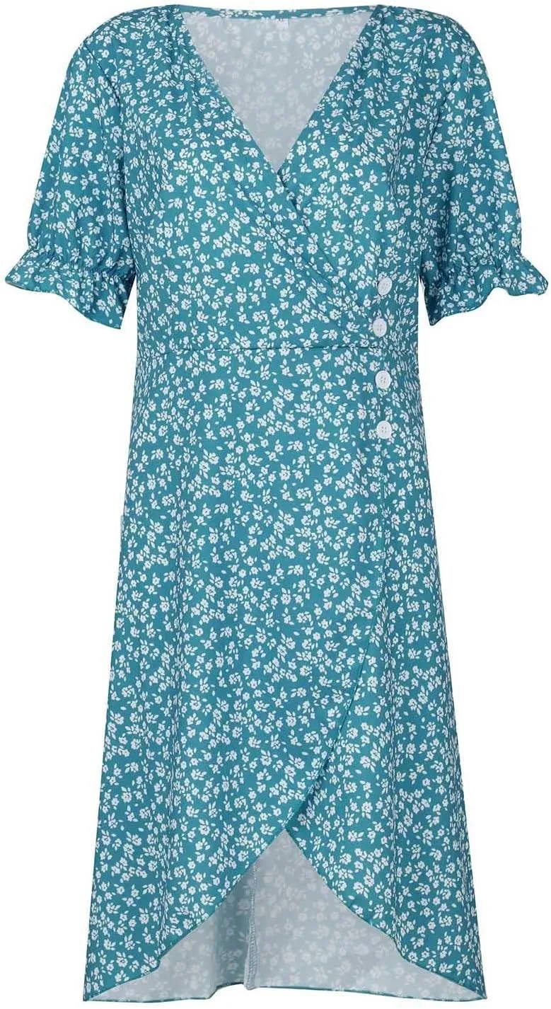 Summer Dresses for Women Trendy Wrap V Neck Puff Short Sleeve Floral Boho Dress Flowy Ruched Hawaiian Beach Midi Dersses