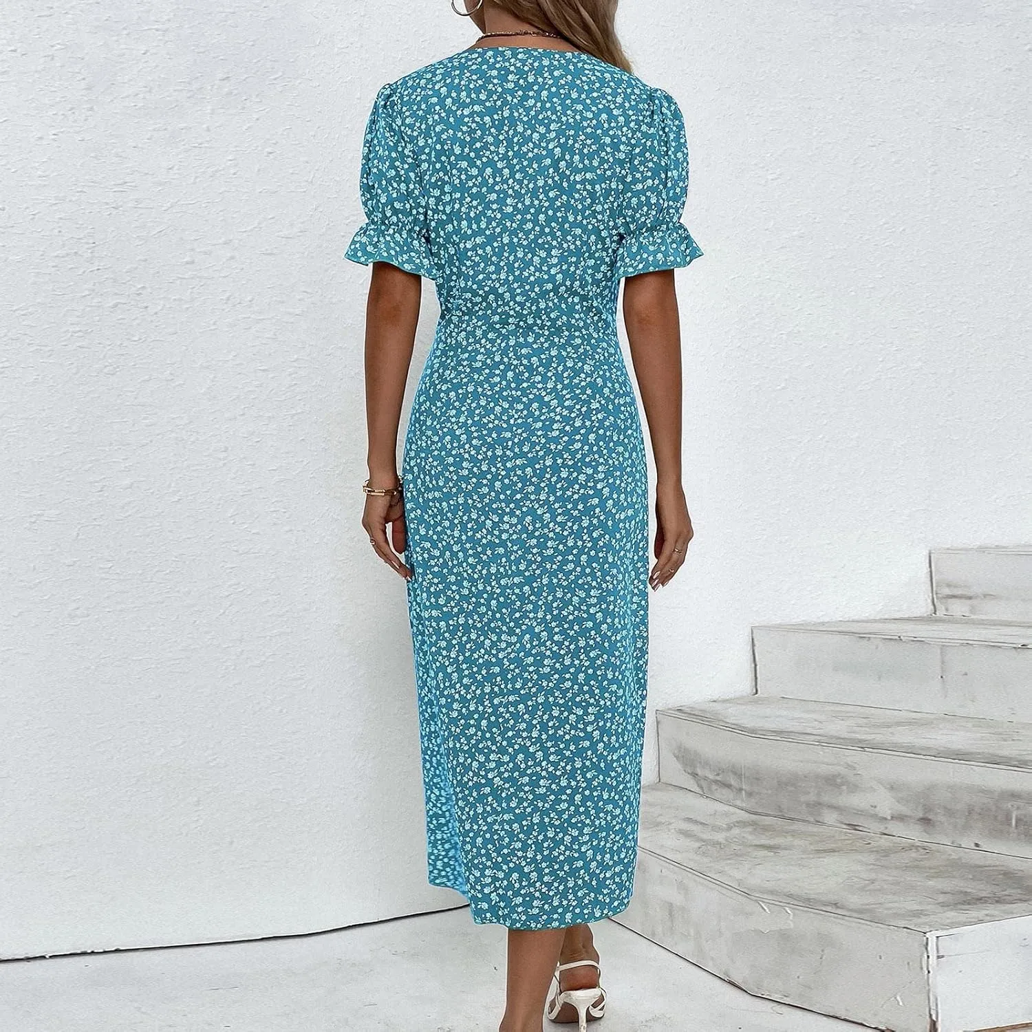 Summer Dresses for Women Trendy Wrap V Neck Puff Short Sleeve Floral Boho Dress Flowy Ruched Hawaiian Beach Midi Dersses