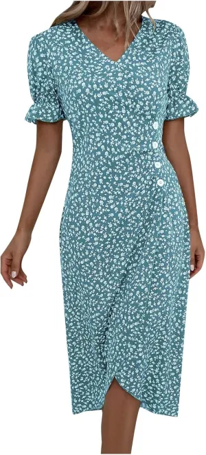 Summer Dresses for Women Trendy Wrap V Neck Puff Short Sleeve Floral Boho Dress Flowy Ruched Hawaiian Beach Midi Dersses