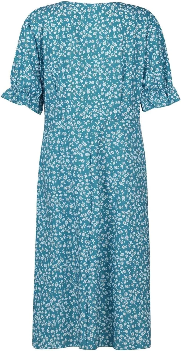 Summer Dresses for Women Trendy Wrap V Neck Puff Short Sleeve Floral Boho Dress Flowy Ruched Hawaiian Beach Midi Dersses