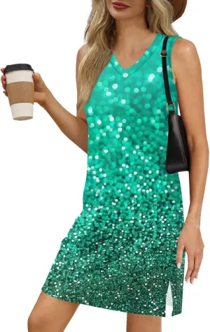 Summer Dresses for Women V Neck Floral Printed Boho Tank Dress Sleeveless A Line Mini Sundresses with Pockets