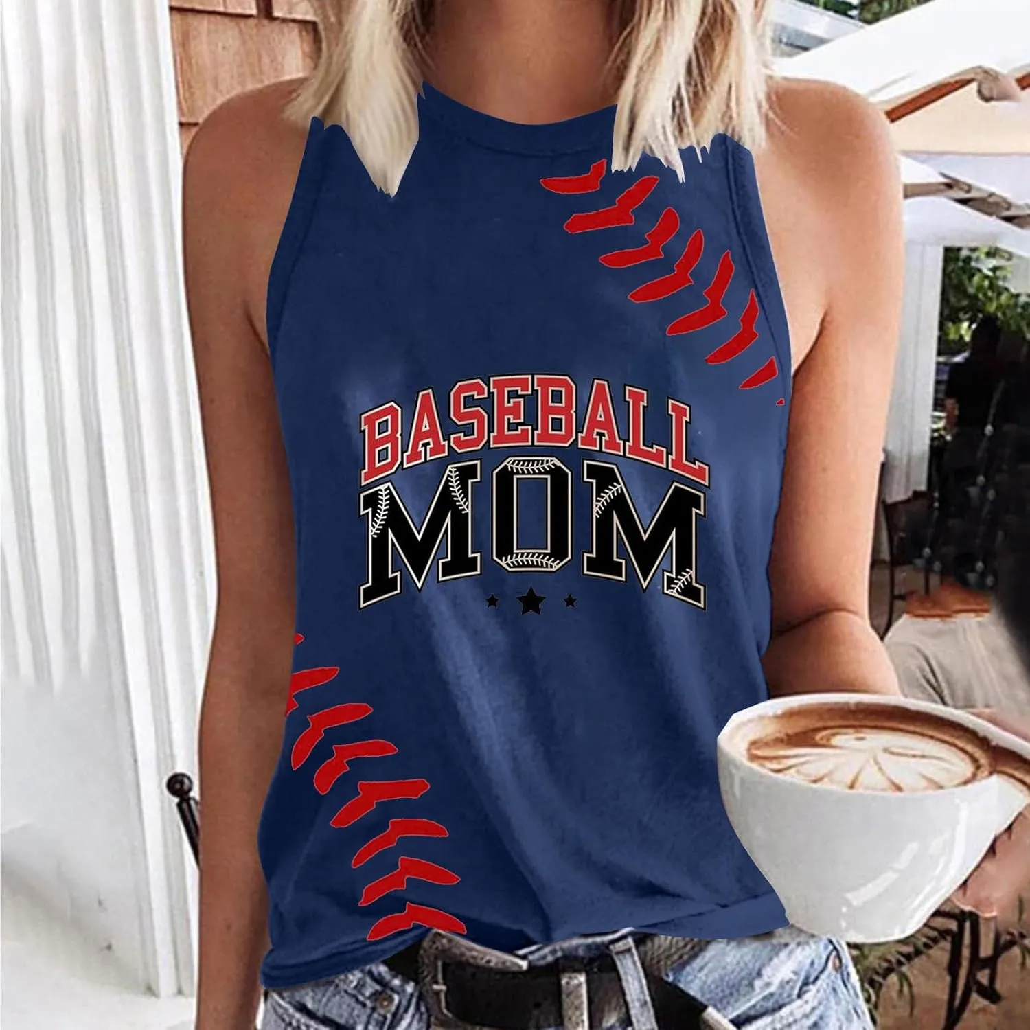 Summer Game Day Tank Tops Women Funny Baseball Mom Print Sleeveless Crewneck T-Shirts Casual Comfy Tanks Tee Shirt