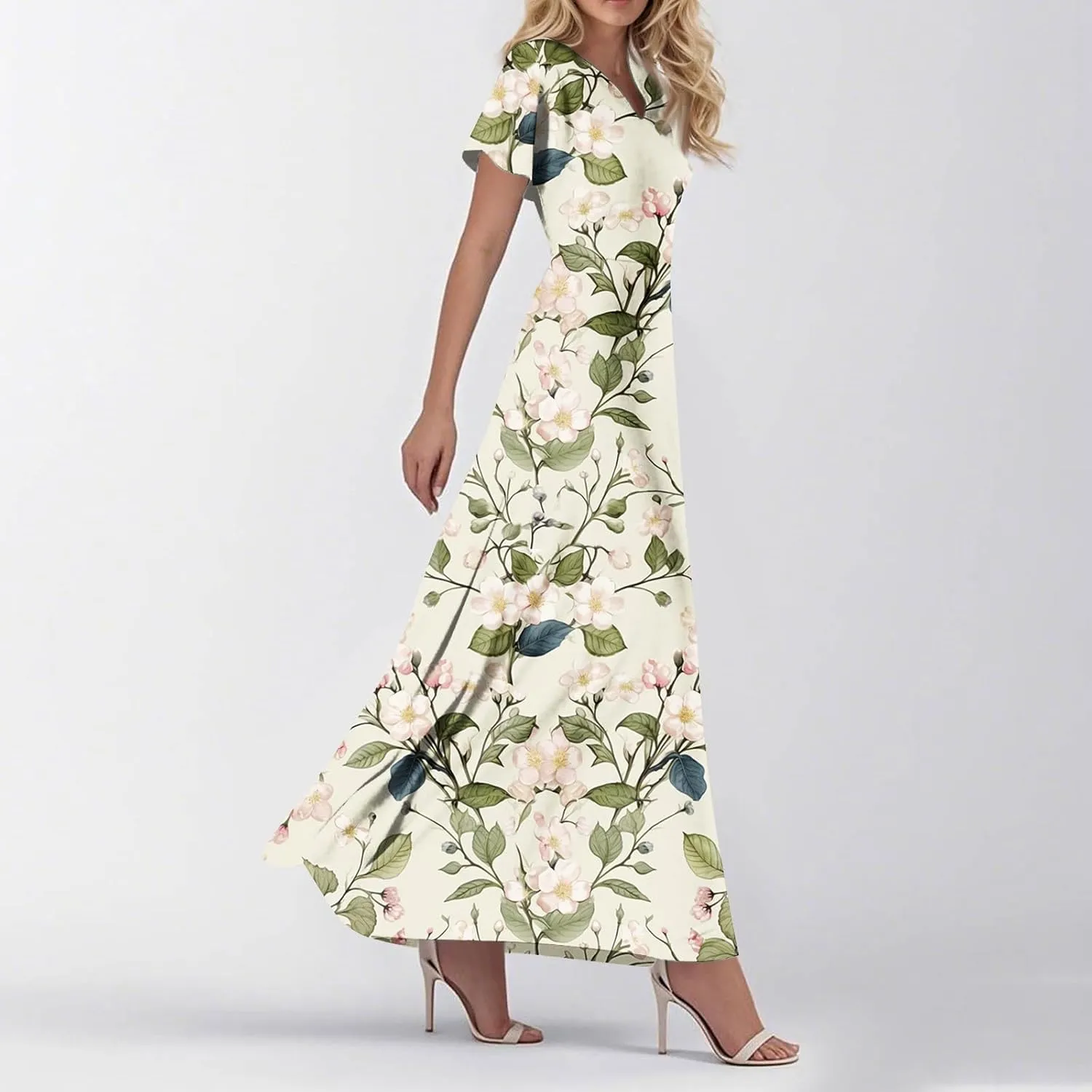 Summer Maxi Dresses for Womem 2025 V Neck Boho Flowy Butterfly Sleeve Sundress High Waist Beach Vacation Dress