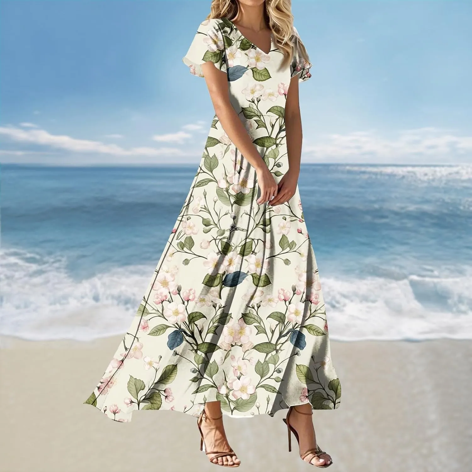 Summer Maxi Dresses for Womem 2025 V Neck Boho Flowy Butterfly Sleeve Sundress High Waist Beach Vacation Dress