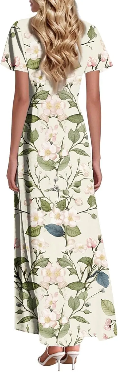 Summer Maxi Dresses for Womem 2025 V Neck Boho Flowy Butterfly Sleeve Sundress High Waist Beach Vacation Dress