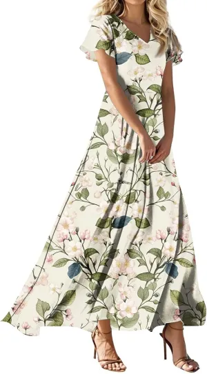 Summer Maxi Dresses for Womem 2025 V Neck Boho Flowy Butterfly Sleeve Sundress High Waist Beach Vacation Dress