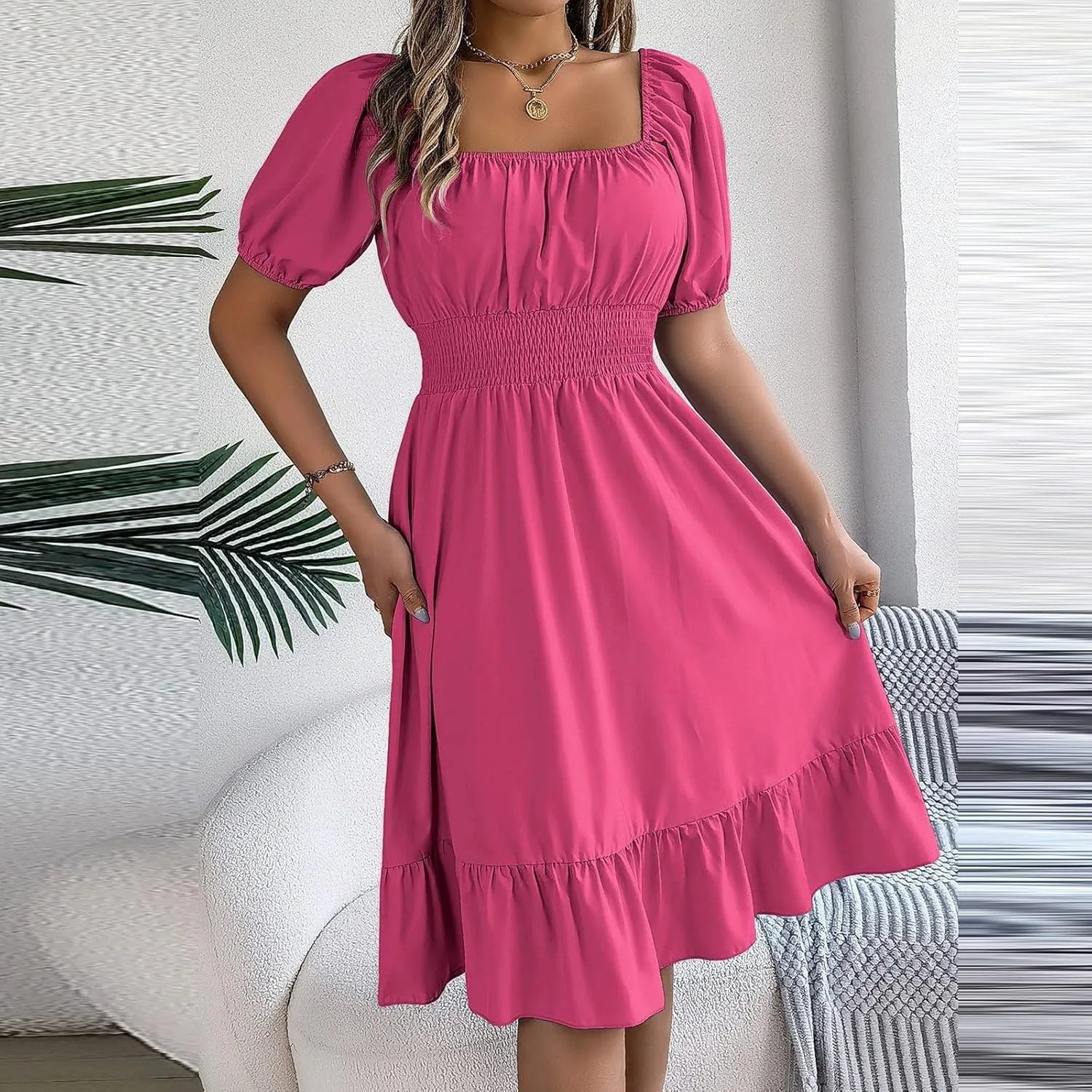 Summer Midi Dresses for Women Square Neck Short Sleeve Waist Ruffled A Line Skirt Dress Party Dresses for Women 2024