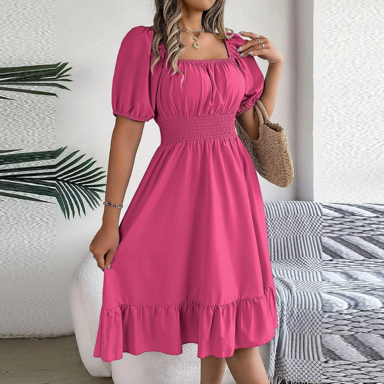 Summer Midi Dresses for Women Square Neck Short Sleeve Waist Ruffled A Line Skirt Dress Party Dresses for Women 2024