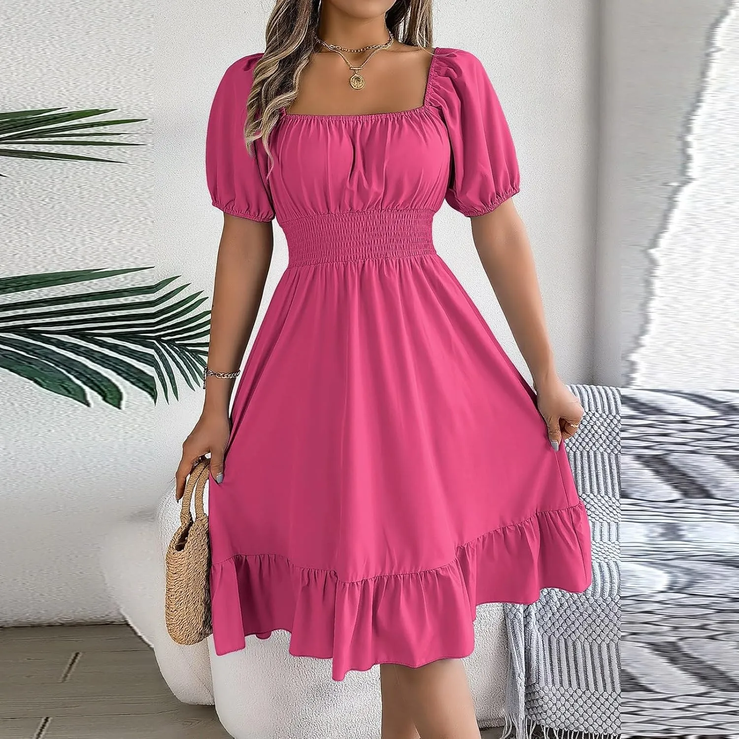 Summer Midi Dresses for Women Square Neck Short Sleeve Waist Ruffled A Line Skirt Dress Party Dresses for Women 2024