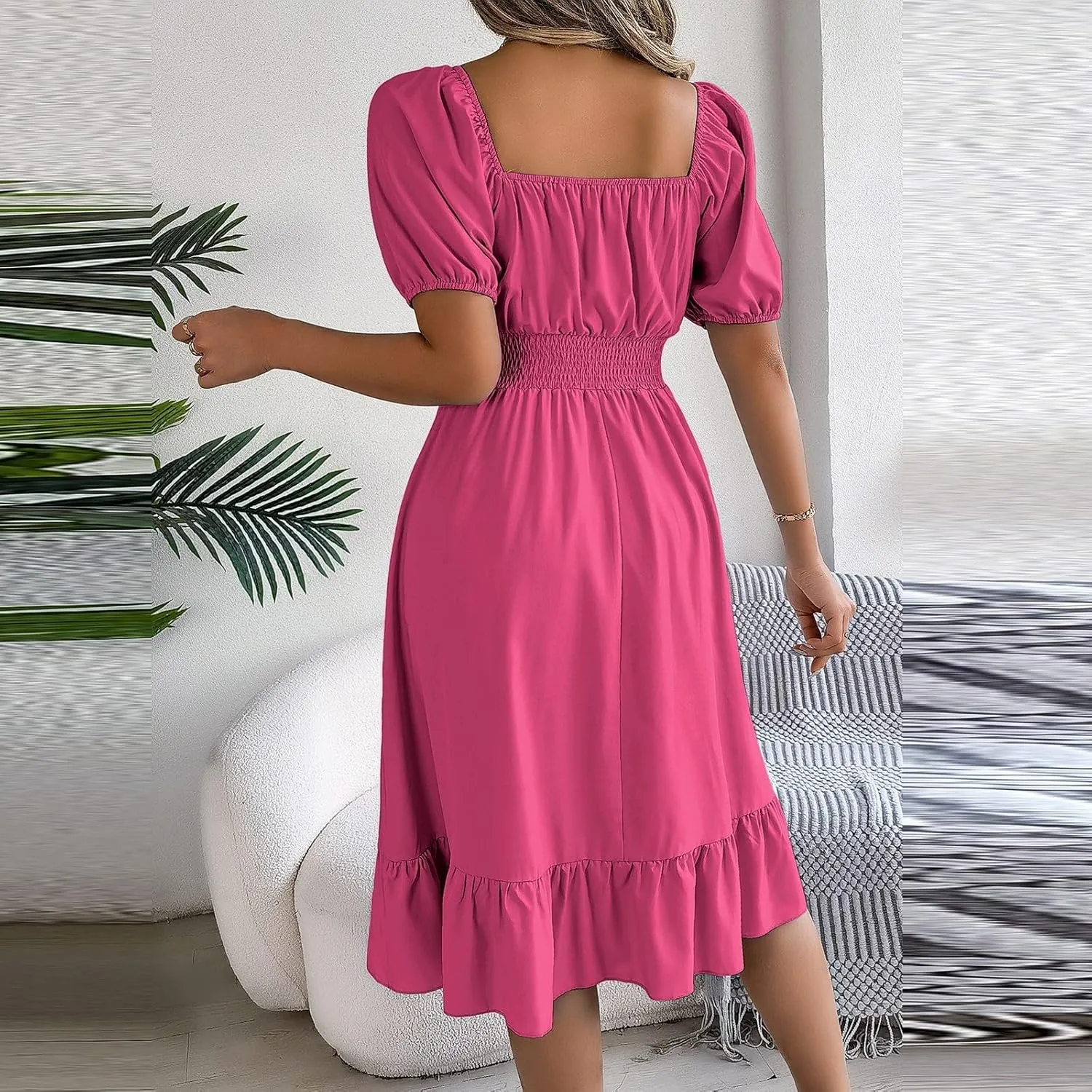 Summer Midi Dresses for Women Square Neck Short Sleeve Waist Ruffled A Line Skirt Dress Party Dresses for Women 2024