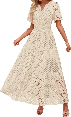 Summer Midi Dresses for Women Trendy Hollow Out V Neck Short Sleeve Dress Casual Comfortable Tunic Pleated Sundress