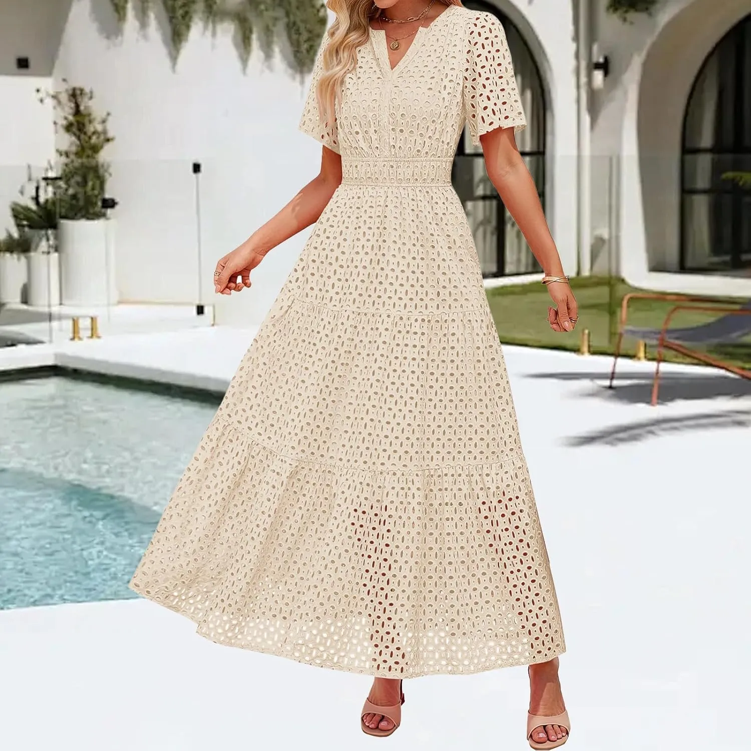 Summer Midi Dresses for Women Trendy Hollow Out V Neck Short Sleeve Dress Casual Comfortable Tunic Pleated Sundress