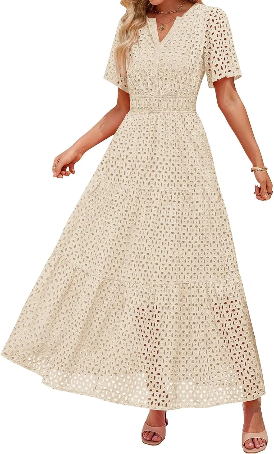 Summer Midi Dresses for Women Trendy Hollow Out V Neck Short Sleeve Dress Casual Comfortable Tunic Pleated Sundress