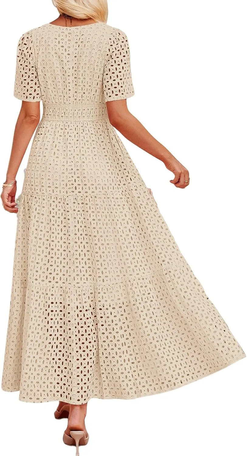 Summer Midi Dresses for Women Trendy Hollow Out V Neck Short Sleeve Dress Casual Comfortable Tunic Pleated Sundress