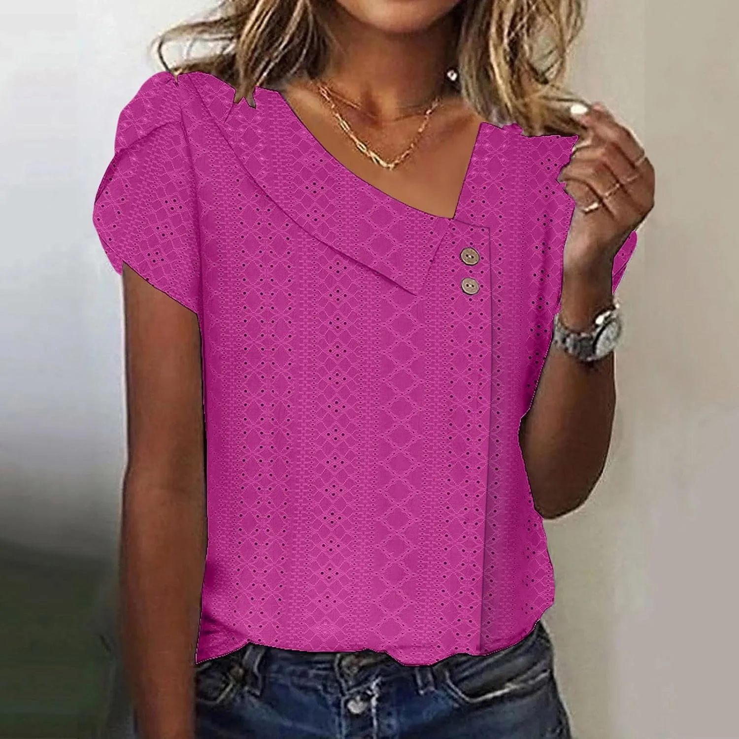 Summer Tops for Women Trendy Eyelet Shirts Short Sleeve Asymmetric V Neck Blouses Casual Loose Boho Tunic Tees 2025