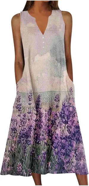 Sun Dresses for Women 2025 Summer Vacation V-Neck Tank Sundress Casual Sleeveless Flowy Mini Dress with Pockets