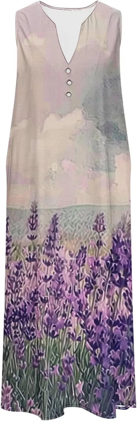 Sun Dresses for Women 2025 Summer Vacation V-Neck Tank Sundress Casual Sleeveless Flowy Mini Dress with Pockets