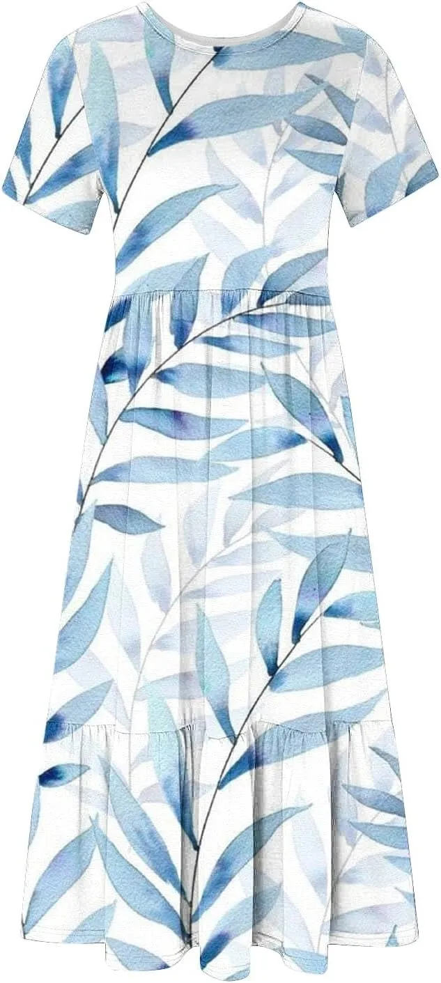 Sun Dresses for Women Casual Tie Dye Boho Floral Print Flowy Summer Dresses 2024 Swing Maxi Dresses with Pockets