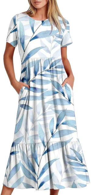 Sun Dresses for Women Casual Tie Dye Boho Floral Print Flowy Summer Dresses 2024 Swing Maxi Dresses with Pockets