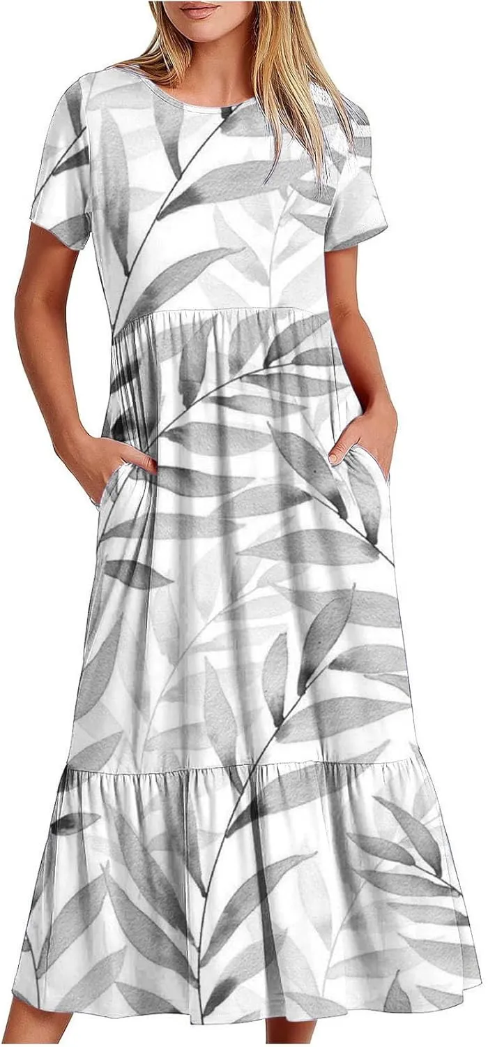 Sun Dresses for Women Casual Tie Dye Boho Floral Print Flowy Summer Dresses 2024 Swing Maxi Dresses with Pockets