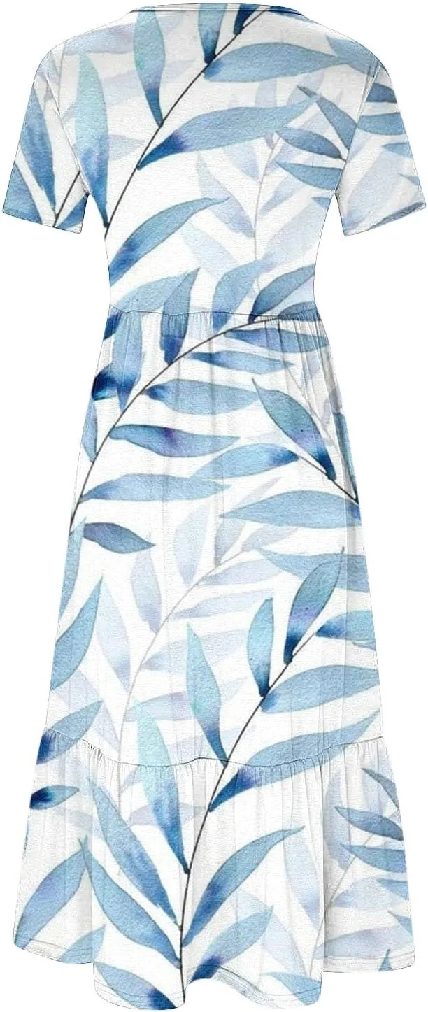 Sun Dresses for Women Casual Tie Dye Boho Floral Print Flowy Summer Dresses 2024 Swing Maxi Dresses with Pockets