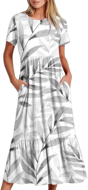 Sun Dresses for Women Casual Tie Dye Boho Floral Print Flowy Summer Dresses 2024 Swing Maxi Dresses with Pockets