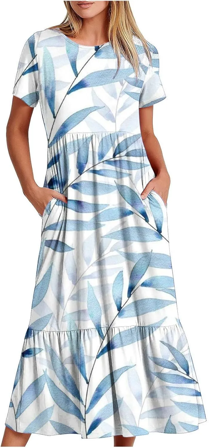 Sun Dresses for Women Casual Tie Dye Boho Floral Print Flowy Summer Dresses 2024 Swing Maxi Dresses with Pockets