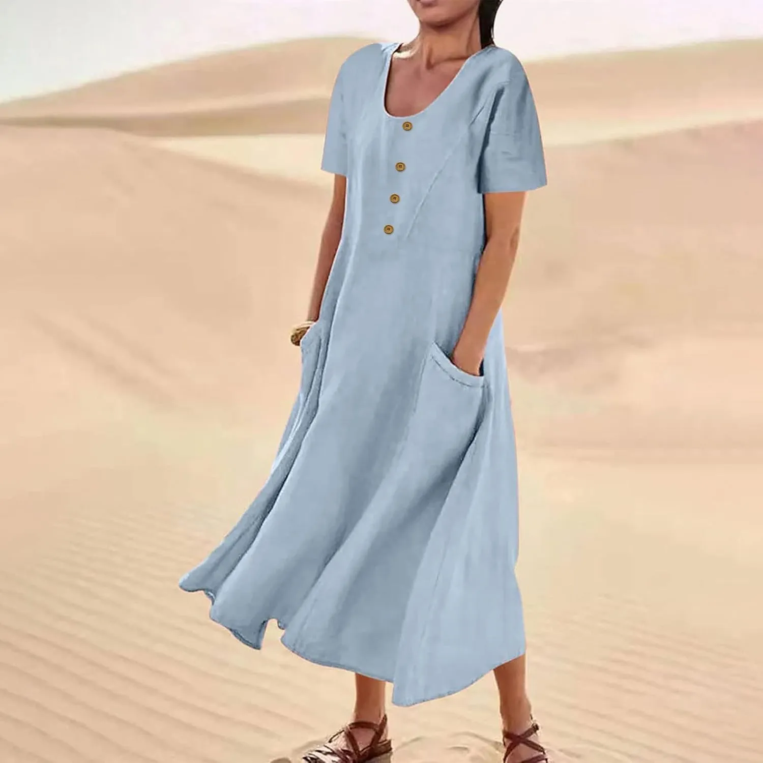 Sundress with Pockets Casual Spring Summer Dresses for Women 2025 Cotton Linen Short Sleeve Midi Dress Flowy Dresses