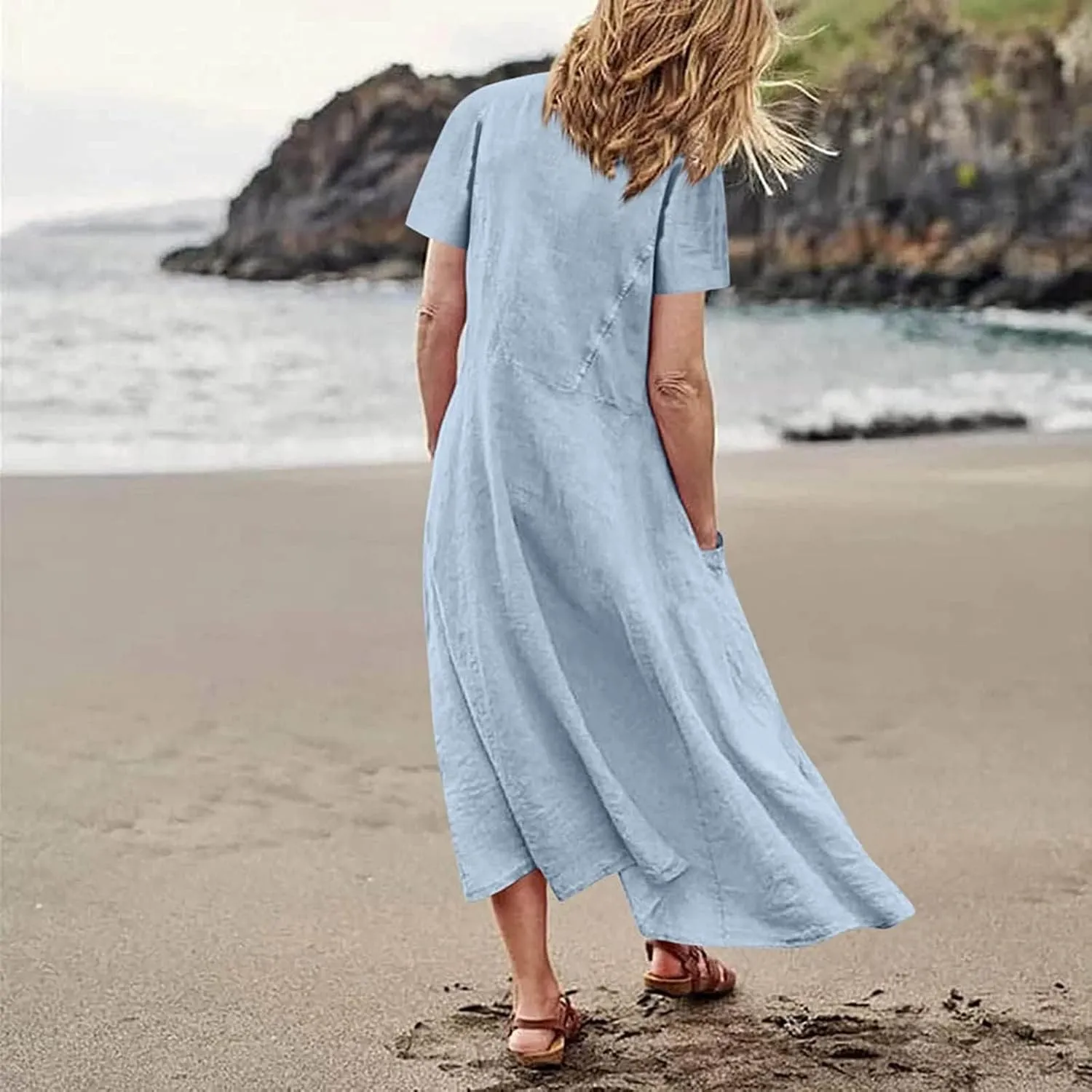 Sundress with Pockets Casual Spring Summer Dresses for Women 2025 Cotton Linen Short Sleeve Midi Dress Flowy Dresses
