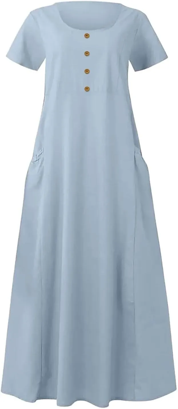 Sundress with Pockets Casual Spring Summer Dresses for Women 2025 Cotton Linen Short Sleeve Midi Dress Flowy Dresses