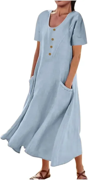 Sundress with Pockets Casual Spring Summer Dresses for Women 2025 Cotton Linen Short Sleeve Midi Dress Flowy Dresses
