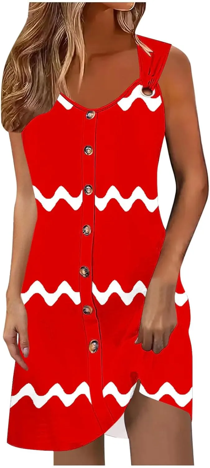 Sundresses for Women 2025 A-Line Casual Loose Sleeveless Summer Dresses Boho Print Button Decor Tank Dresses