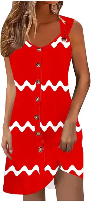 Sundresses for Women 2025 A-Line Casual Loose Sleeveless Summer Dresses Boho Print Button Decor Tank Dresses