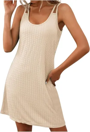 Sundresses for Women 2025 Casual Sleeveless Solid Color Sundress Fashion Loose Fit Crew Neck Summer Beach Dress