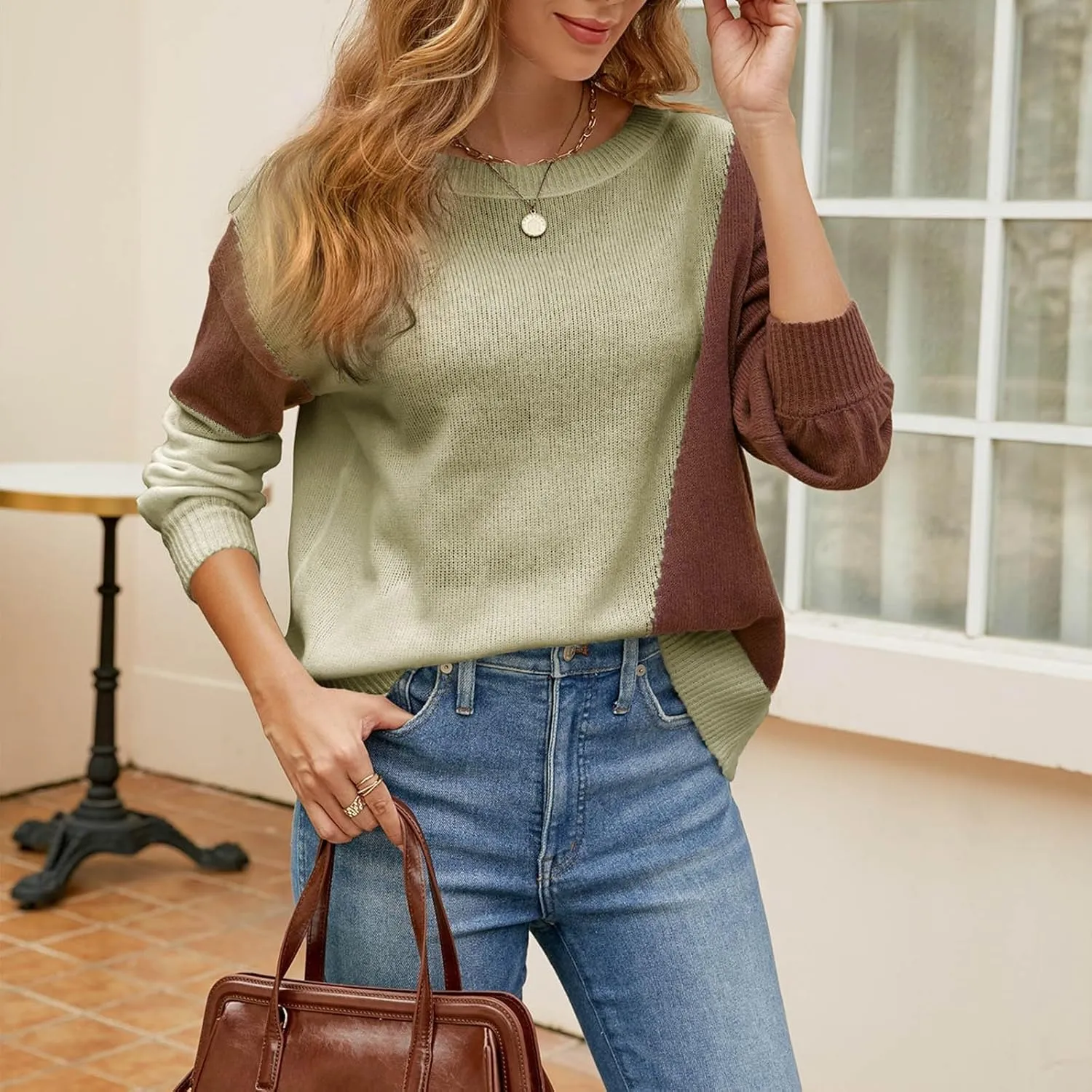 Sweater for Women Turtleneck Color Block Long Sleeve Knitwear 2024 Fall Casual Oversized Pullover Sweater Jumper Top