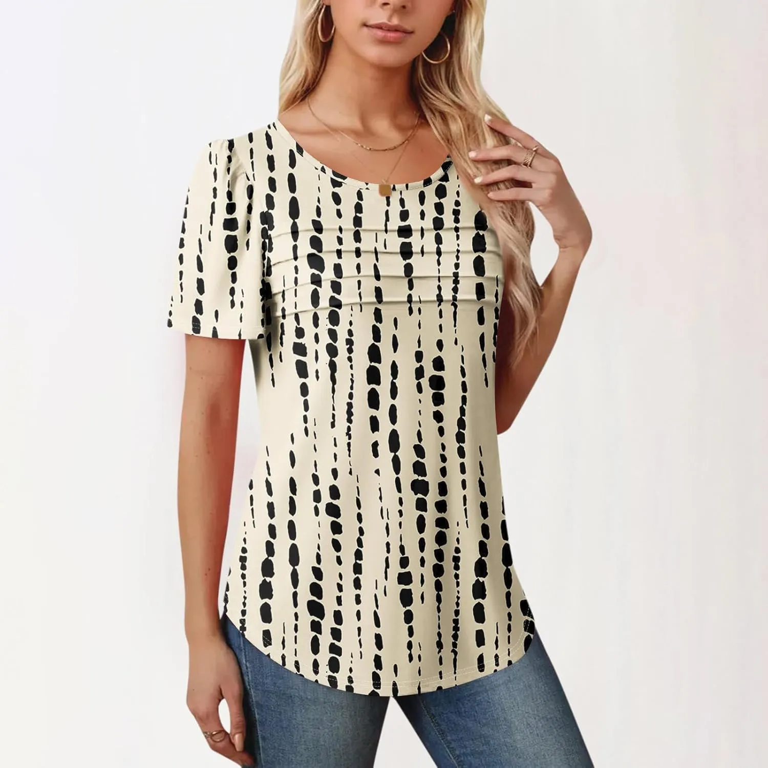 T Shirts for Women 2025 Floral Solid Pleated Front Crew Neck Short Sleeve Tops Dressy Casual Blouses Spring Summer Outfits