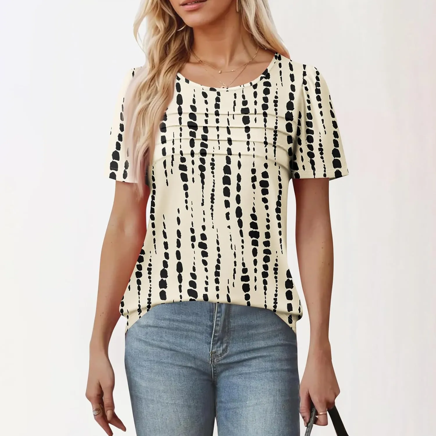 T Shirts for Women 2025 Floral Solid Pleated Front Crew Neck Short Sleeve Tops Dressy Casual Blouses Spring Summer Outfits