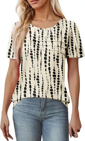 T Shirts for Women 2025 Floral Solid Pleated Front Crew Neck Short Sleeve Tops Dressy Casual Blouses Spring Summer Outfits