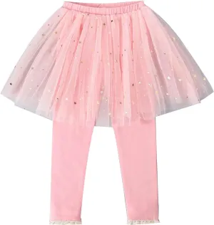Toddler Girls Footless Leggings with Tutu Skirt Baby Stretchy Ruffle Sequins Star Pantskirt Tulle Skirted Pants Bottoms