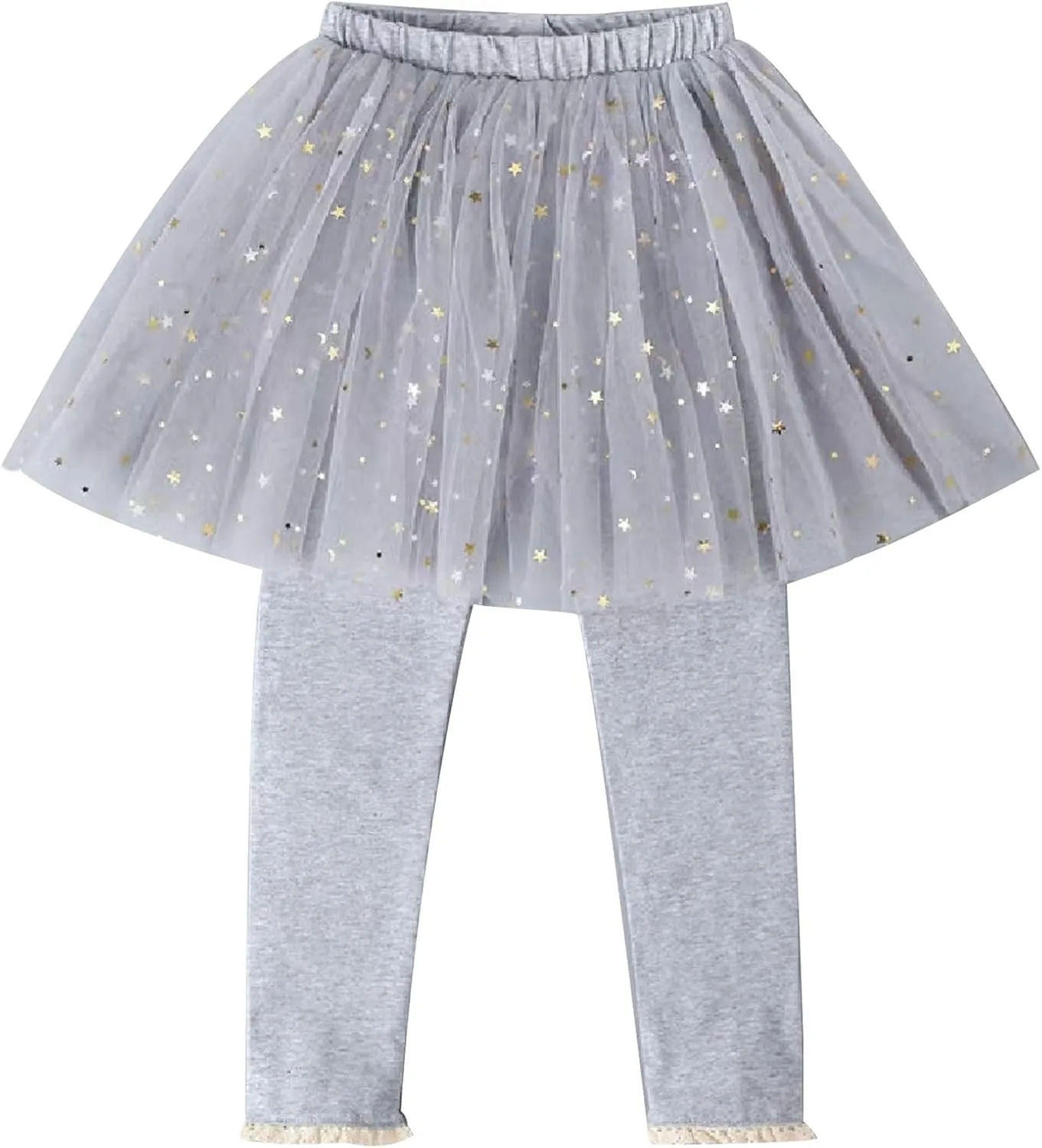 Toddler Girls Footless Leggings with Tutu Skirt Baby Stretchy Ruffle Sequins Star Pantskirt Tulle Skirted Pants Bottoms