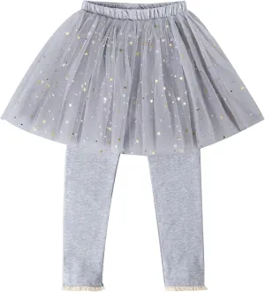 Toddler Girls Footless Leggings with Tutu Skirt Baby Stretchy Ruffle Sequins Star Pantskirt Tulle Skirted Pants Bottoms