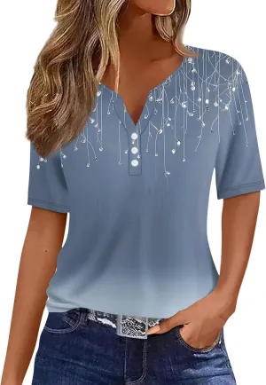 Tops for Women Trendy Henley V Neck Pullover Printed Vacation Tops Button Down Comfy Tees Trendy Tunics T Shirt