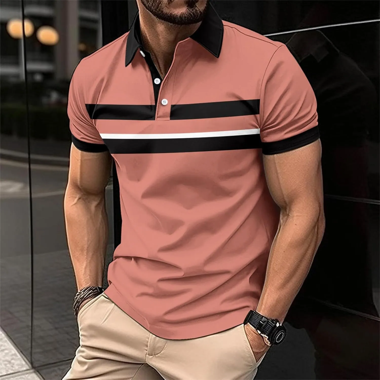 Tshirts for Men Button Up Collared Long Sleeve Trendy Patchwork Polo Shirts Lightweight Quick-Dry Athletic T Shirts