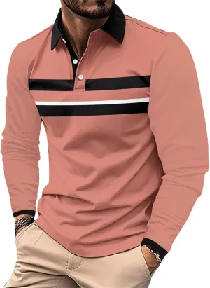 Tshirts for Men Button Up Collared Long Sleeve Trendy Patchwork Polo Shirts Lightweight Quick-Dry Athletic T Shirts