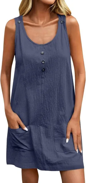 U Neck Dress for Women Open Back Mini Babydoll Sundress Vacation Casual Sleeveless Short Dresses with Pockets