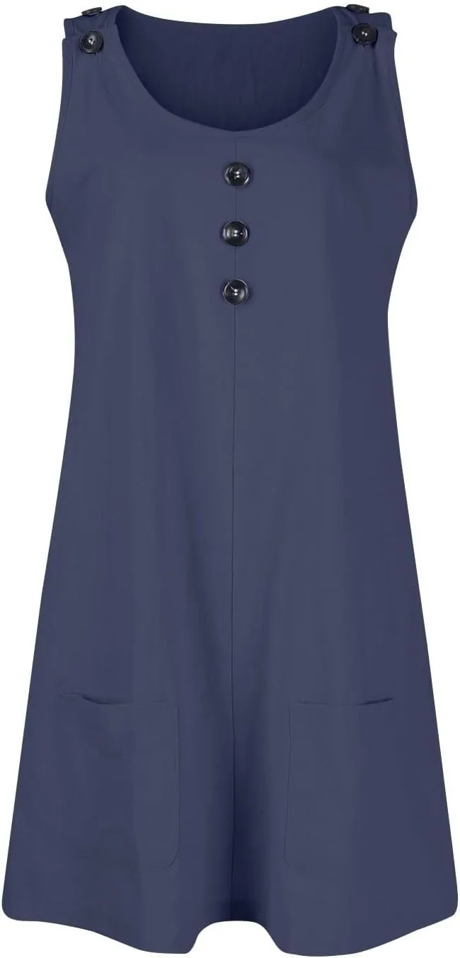 U Neck Dress for Women Open Back Mini Babydoll Sundress Vacation Casual Sleeveless Short Dresses with Pockets