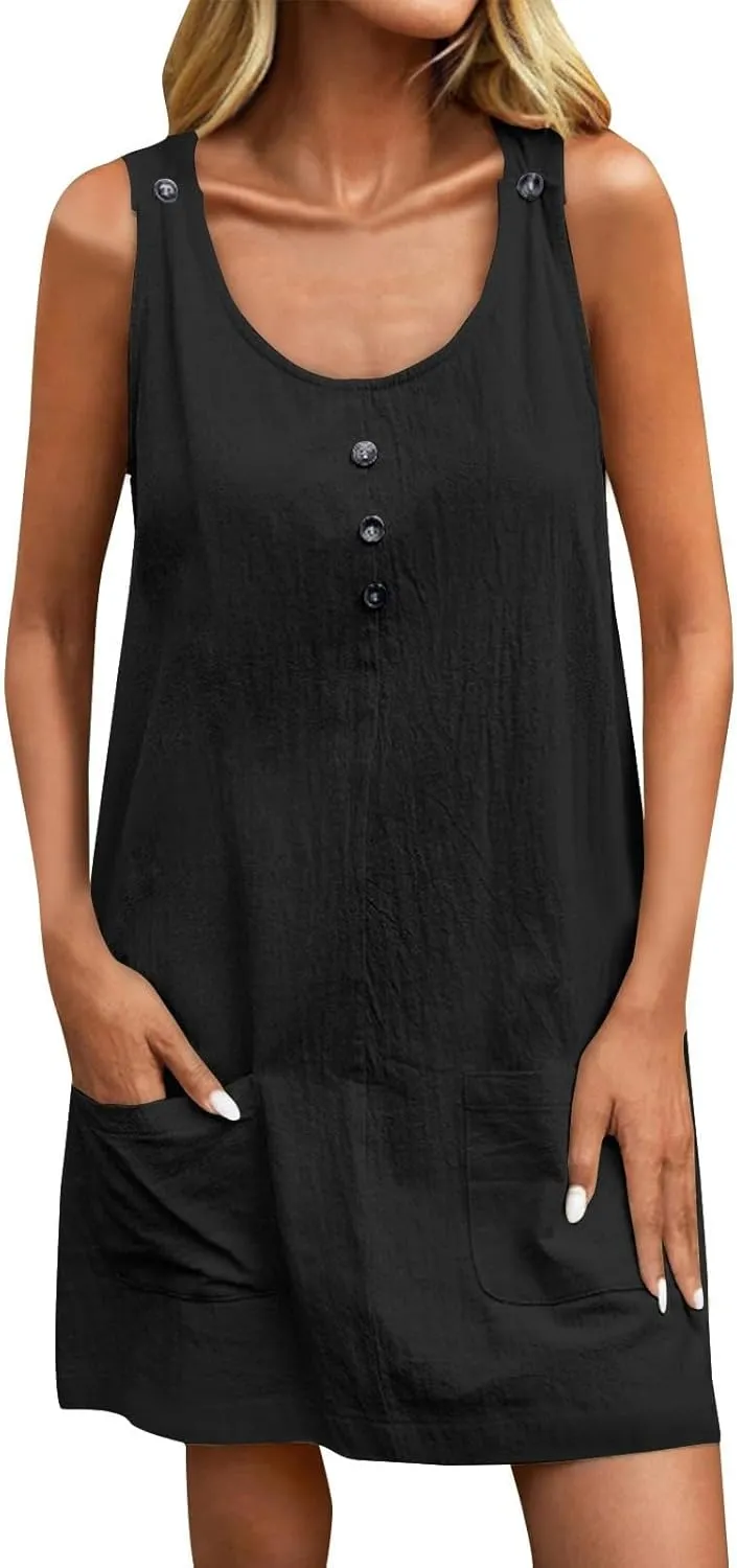 U Neck Dress for Women Open Back Mini Babydoll Sundress Vacation Casual Sleeveless Short Dresses with Pockets