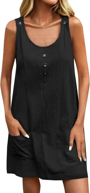 U Neck Dress for Women Open Back Mini Babydoll Sundress Vacation Casual Sleeveless Short Dresses with Pockets