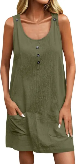 U Neck Dress for Women Open Back Mini Babydoll Sundress Vacation Casual Sleeveless Short Dresses with Pockets